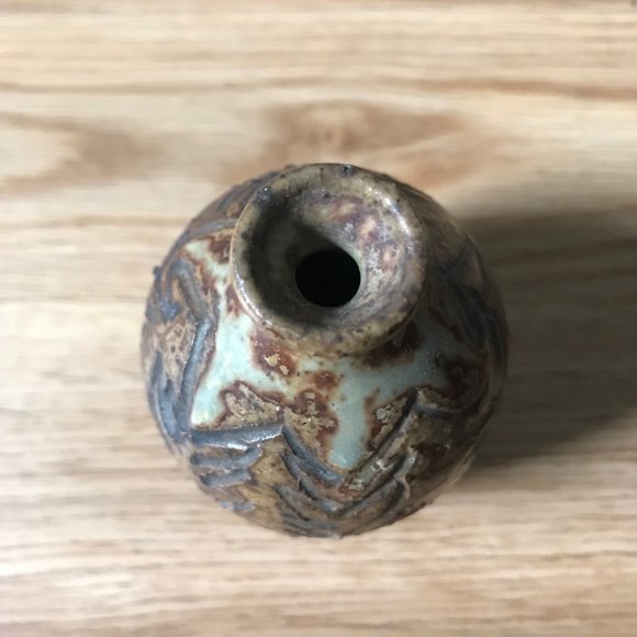 Signed Ceramic Bud Vase with Tree Carvings - Handcrafted Art Decor - Picture 3 of 5